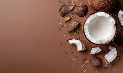 Top view of coconut with coconut pieces on a brown background, Generative AI 