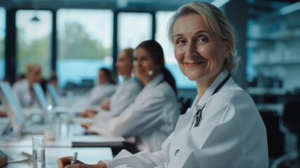 A group of female doctors in white lab coats are sitting at tables on a refresher course. An elderly female doctor smiles