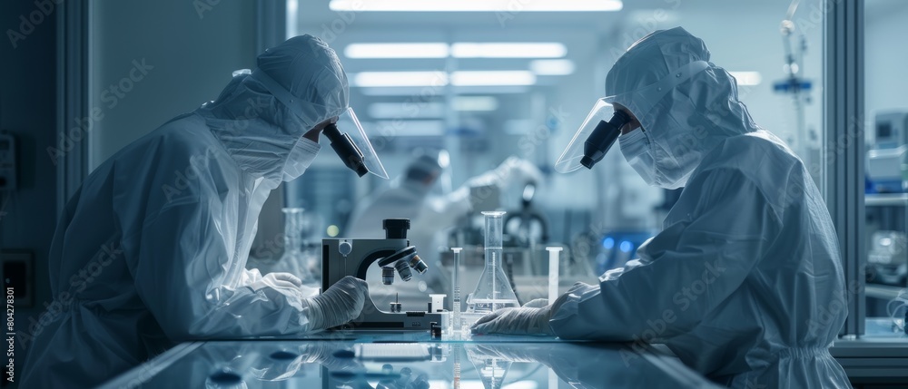 Poster using sterile cleanroom suits, two engineers/scientists/technicians adjust machinery and use microsc