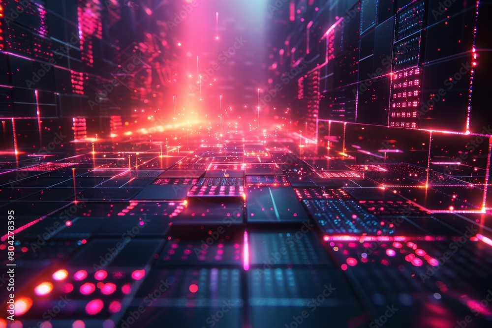 Poster dynamic image portraying an intense red cyber network in motion, symbolizing data flow and internet