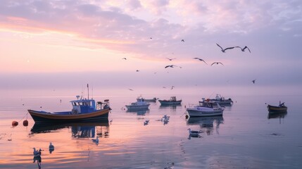 A tranquil harbor scene in the early morning light, with fishing boats gently swaying on the calm...
