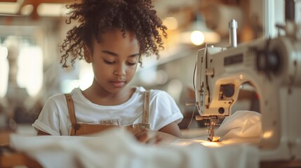 8 years old child studying work with sewing machine. Little girl carefully working with modern...