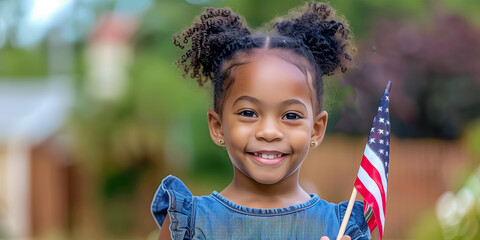 A charming dark-skinned little girl happily holds an American flag in her hands. This image reflects the idea of celebrating the Independence Day of the United States, which is celebrated on July 4. - Powered by Adobe