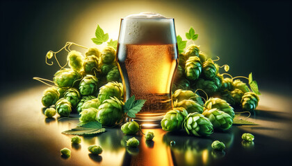 AI generated illustration of a glass of beer surrounded by green hops on a dark background