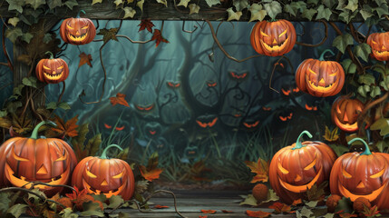 A magical forest with whimsical vines and laughing pumpkins sets the tone for an otherworldly Halloween adventure