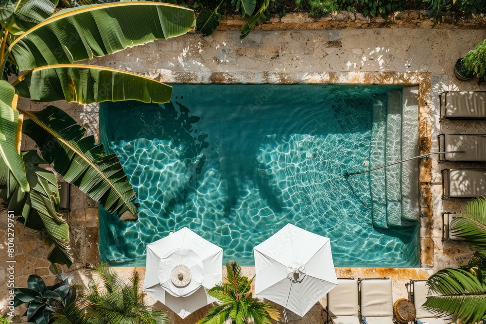 Poster a birds eye view showcasing a pool in the midst of lush palm trees