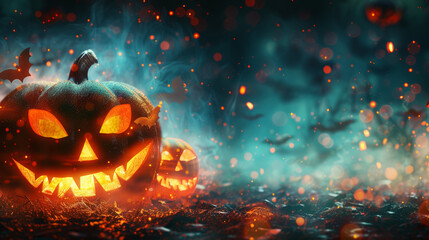 A singular carved pumpkin in a magical forest with dramatic lighting and fiery particles floating in the air, depicting a fantastical Halloween scene