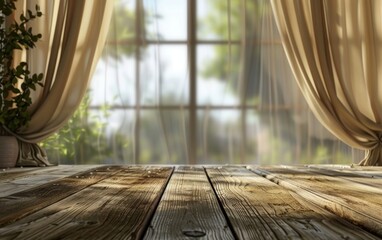A hardwood table sits in front of a window with grass tints and shades. The flooring beneath seems to resemble the texture of a forest trunk