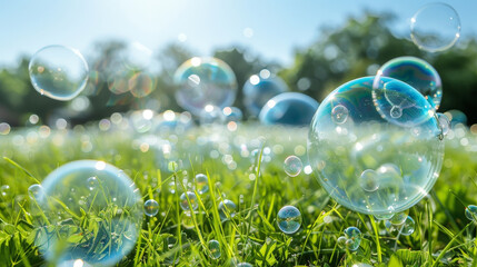 Soap bubbles from a bubble blower floating among blades of grass in a meadow on a sunny day