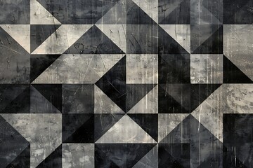 Old distressed black background design with faded grunge texture in abstract triangle shapes of white and gray. Old distressed black background design