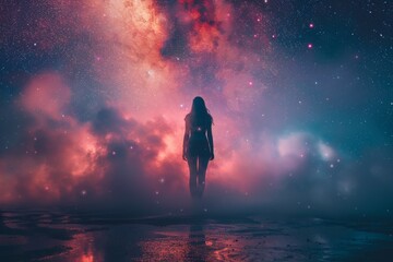 Obraz premium Surreal scenery of a lone woman against an expansive cosmic backdrop evoking mystery and wonder