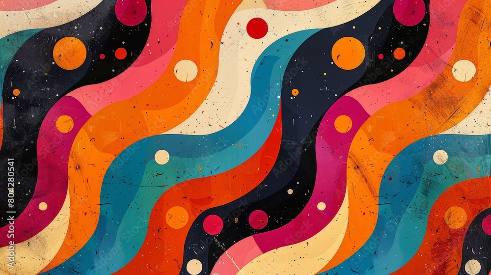 Poster Multicolored circles and wavy lines intersect and overlap in a vibrant abstract background