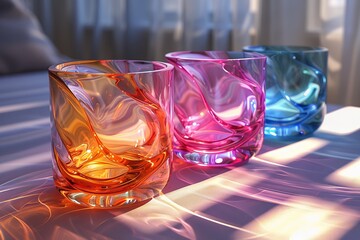 Three vibrant twisted glass tumblers sit bathed in soft, dappled light, creating a play of colors and reflections