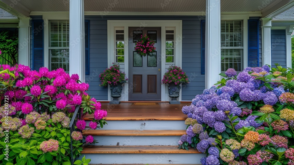 Aufkleber bright purple hydrangea in full bloom lining the front steps of a house, adding a pop of color to th