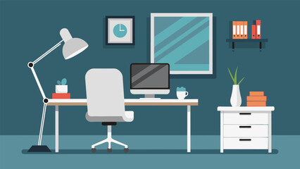 A modern and sleek home office featuring a thrifted white desk a thrifted black leather office chair and a secondhand silver desk lamp.. Vector illustration