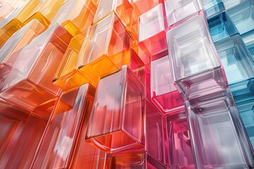 A striking composition of stacked glass cubes in a gradient of red, orange, and blue hues, suggesting structure and order