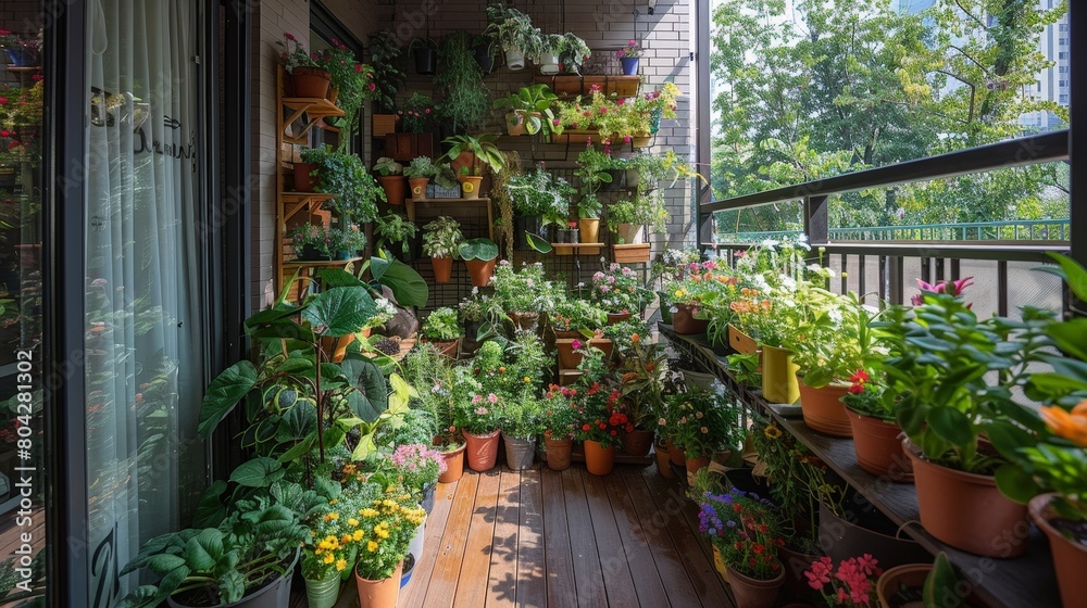 Poster many potted plants and flowers in various colors and sizes fill a balcony railing, creating a vibran