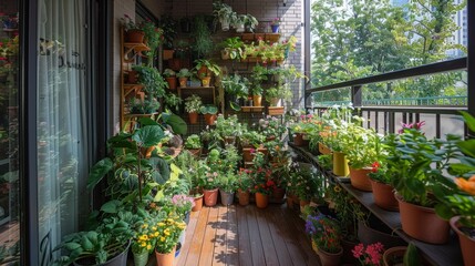 Many potted plants and flowers in various colors and sizes fill a balcony railing, creating a vibrant and lush display