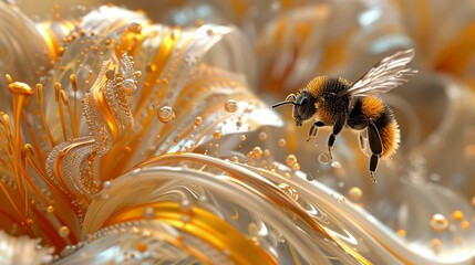 A honey bee pollinates a flower, flying over the petals - obrazy, fototapety, plakaty