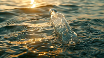 Used transparent highly deformable plastic bottle floating in the sea. Close up to empty bottle on the ocean, representing pollution.