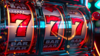 Slot machine games with a jackpot three seven in a casino, one-armed bandit. Modern digital one handed bandit game. Big win. Close up.