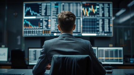 Man freelance trader on stock exchange, trades while sitting at a computer. Concept of game on stock exchange for trading stocks, futures and bonds.