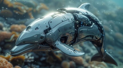 Robotic dolphin swims in ocean. Future cybernetic dolphin friend of the jellyfish of the great ocean.