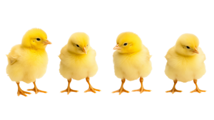 Little yellow chicks isolated on transparent png background. Farm incubator chickens on walk.
