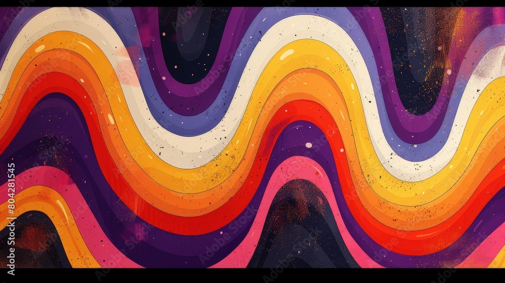 Poster This abstract painting features a dynamic arrangement of colorful wavy lines in various sizes and directions, creating a visually engaging composition