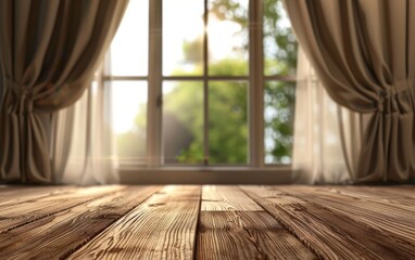 The wooden floor is in the foreground, with a window in the background letting in sunlight. The interior design includes a plant, curtains, and grass outside