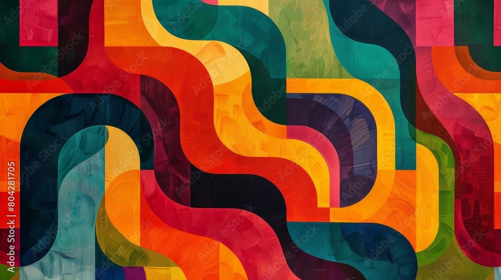 Poster Multicolored abstract painting featuring vibrant wavy lines and dynamic movement