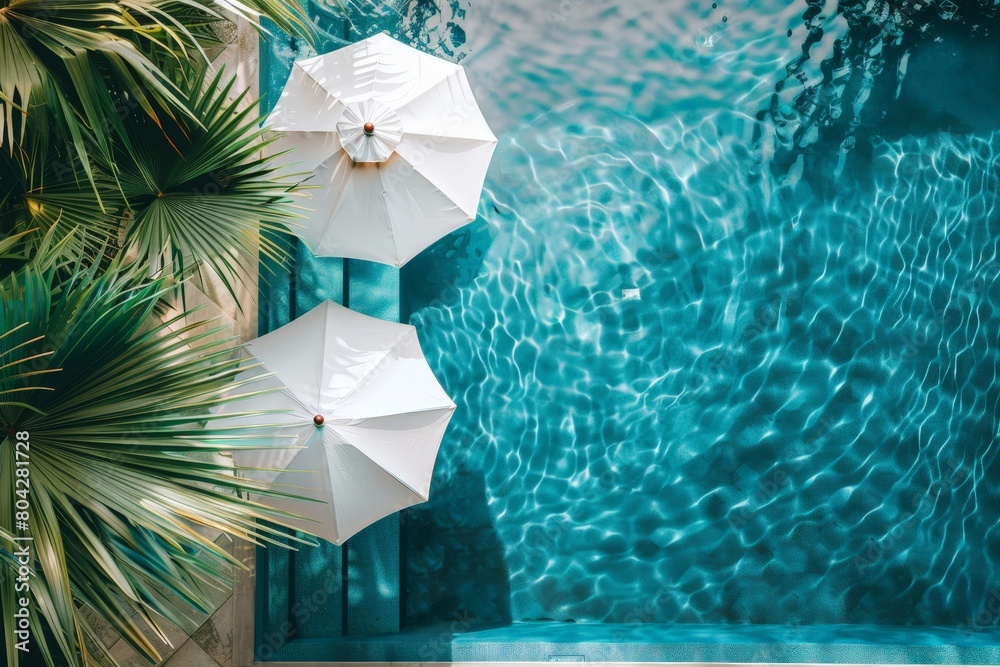 Poster two white umbrellas providing shade next to a pristine pool on a sunny day
