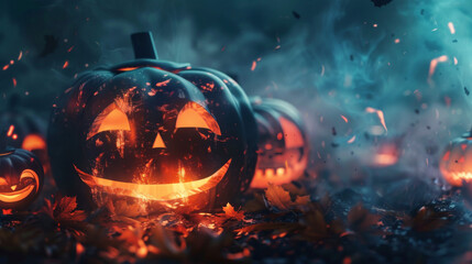 In a magical forest setting, glowing jack-o'-lanterns emerge amidst ethereal blue fog and fallen autumn leaves