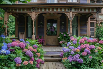 A house with a front porch adorned with blooming purple hydrangeas