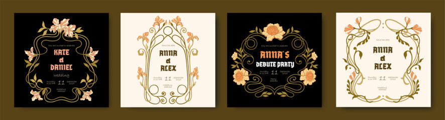 Art Nouveau floral templates. Wedding invitations. Vector.