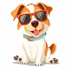 Cute Cartoon Dog Wearing Sunglasses and Scarf Isolated on White Background - obrazy, fototapety, plakaty