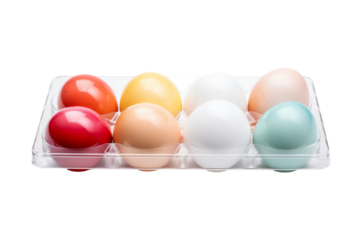Rainbow Hues: A Plastic Container Brimming With Vibrant Eggs. On a White or Clear Surface PNG Transparent Background.