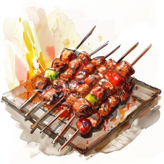 Succulent Grilled Skewers Watercolor Art on White Background - obrazy, fototapety, plakaty