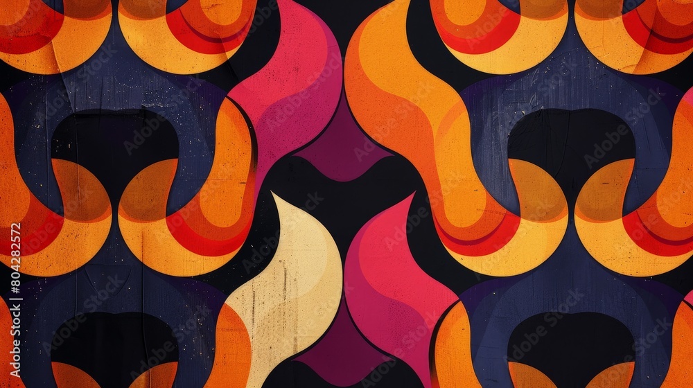 Fototapete Colorful abstract shapes and patterns create a visually striking design against a deep black background