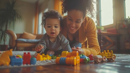 Fototapeta premium A mother and child playing together with toys on the living room floor
