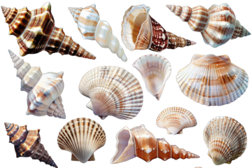 The image shows a variety of seashells in different colors and patterns in isolated on transparent background