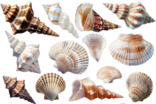 The image shows a variety of seashells in different colors and patterns in isolated on transparent background