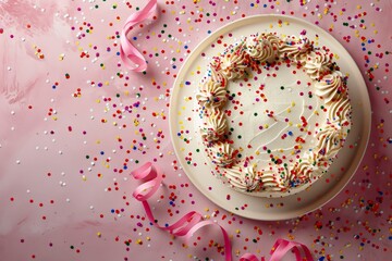Obraz premium Top view of a celebration cake with confetti and streamers and copy space.