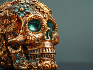 Fototapeta premium A Day of the Dead skull in gold, a traditional Mexican symbol, with ample copy space 8K , high-resolution, ultra HD,up32K HD