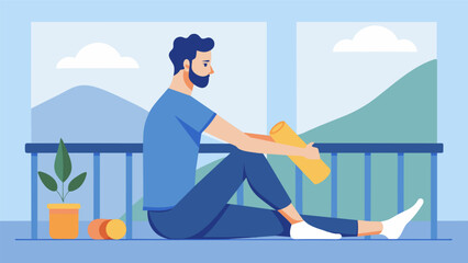 A man sits on a balcony using a small foam roller to massage and stretch his legs before heading off to work.. Vector illustration