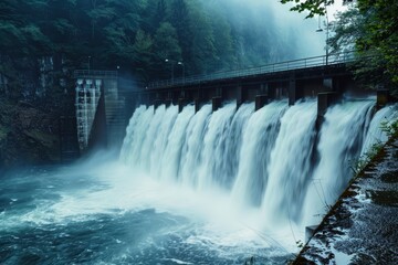 A powerful waterfall cascading down into a hydroelectric power station.