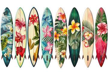 Surfboards with tropical flowers. Perfect for summer vibes in isolated on transparent background
