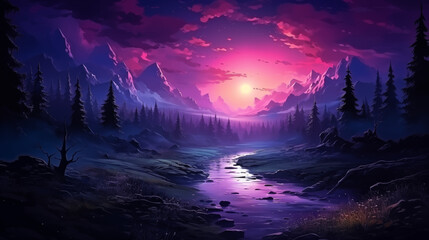 Twilight Over Mountain River in Fantasy Landscape - obrazy, fototapety, plakaty