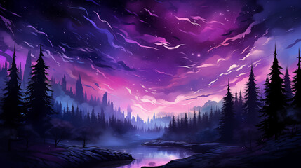 Majestic Purple Sky over Nighttime Forest Landscape