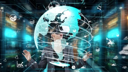 Woman pressing start opening VR of analyzed business world finance big data uploading look around global interface digital infographic network technology virtual 3d animation at server. Contraption.